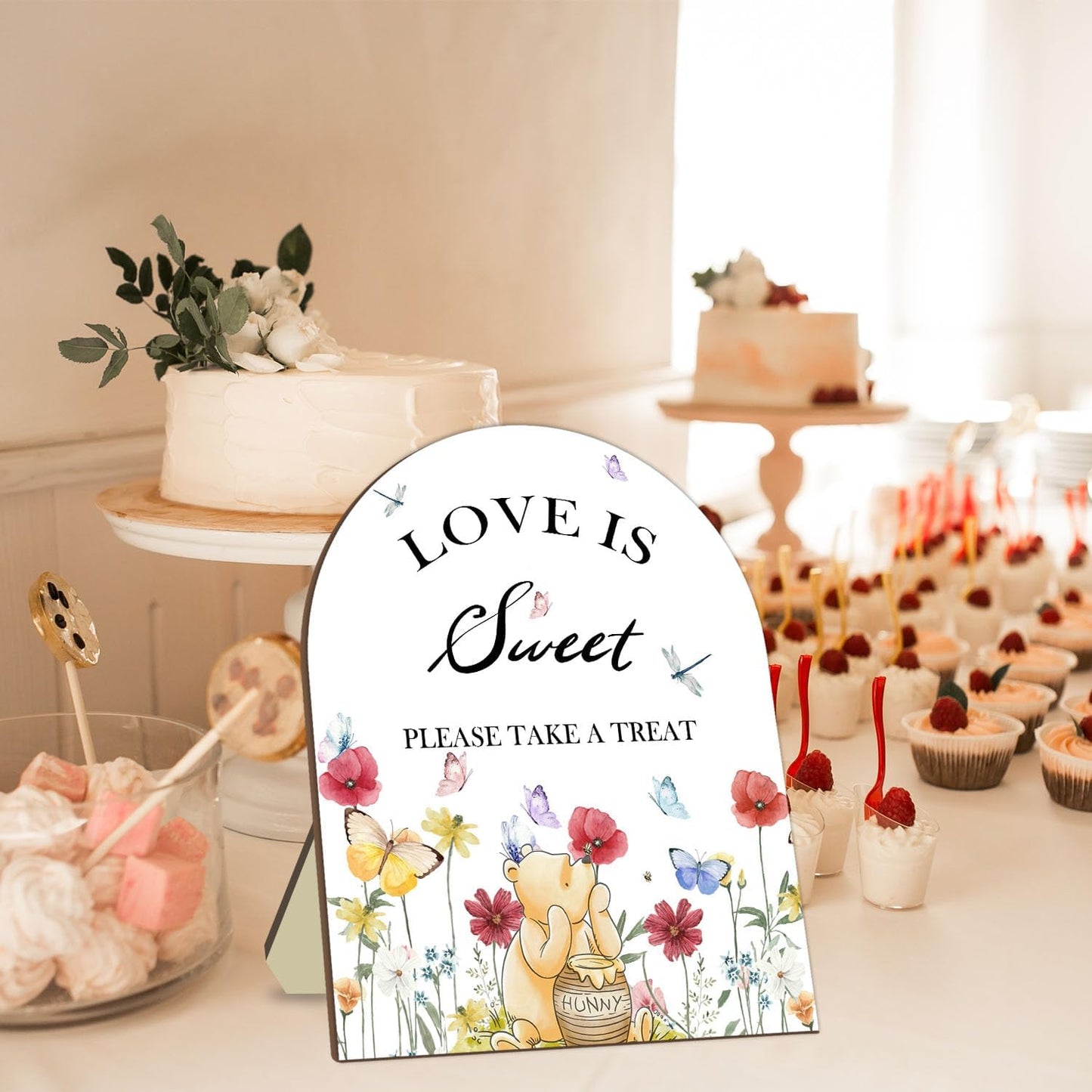 Winnie Decor Love is Sweet Sign, Floral Butterfly Decor Bridal Shower Welcome Sign, Classic Pooh Wedding Sign Bridal Shower Favors for Guests, Love is Sweet Please Take A Treat Sign 9 * 11IN