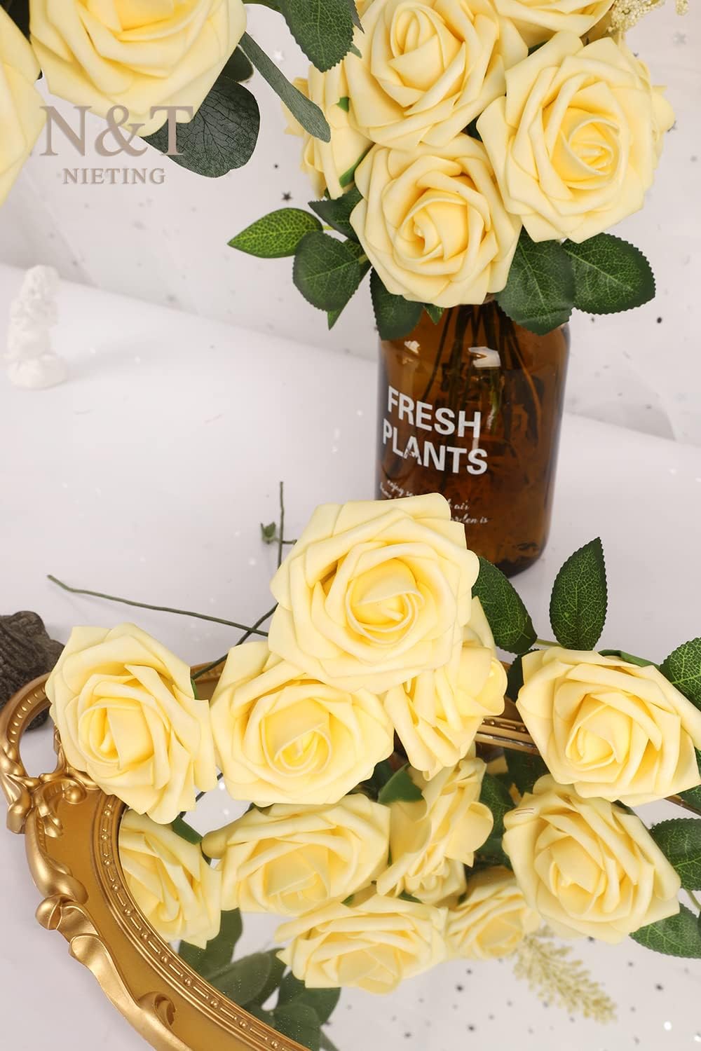 N&T NIETING Artificial Flowers, 25Pcs Fake Flowers Goose Yellow Roses Perfect for DIY Wedding Bouquets Centerpieces Bridal Shower Party Home Flower Arrangement Decorations