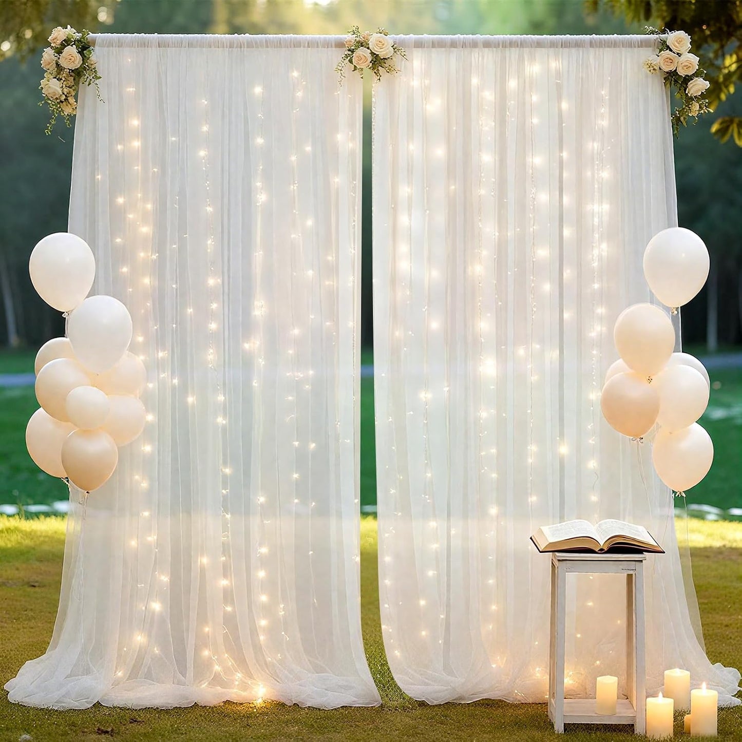 Ledido 10×10ft Tulle Backdrop Curtains with Lights String - 300LED Fairy Lights Sheer Curtain Backdrop for Weddings Baby Shower and Birthday Party Decorations(2 Panels 5×10ft)