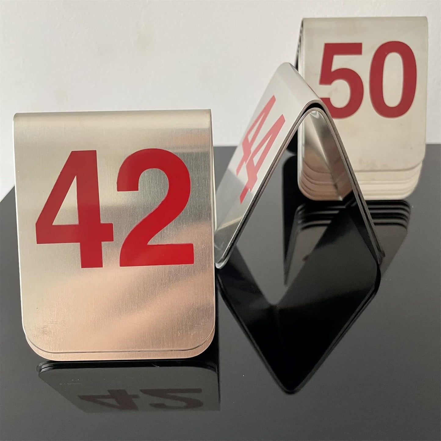 10 Pcs Metal Place Cards Stackable Tent Style Table Numbers，Place Card Holders for Celebration Wedding Party Restaurants Cafes Bars Gatherings meeting Room Board Game Serial (Medium 41-50, Red)
