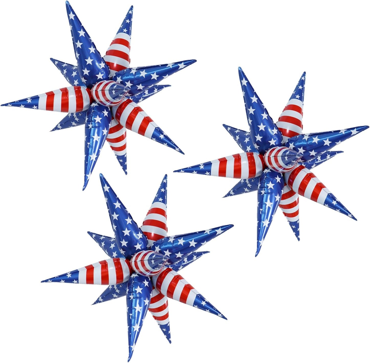 3pcs 26inch 3D July Fourth Explosion Star foil balloon, American Flag theme Foil Cone star burst Balloons for Birthday Wedding New Year Party Event