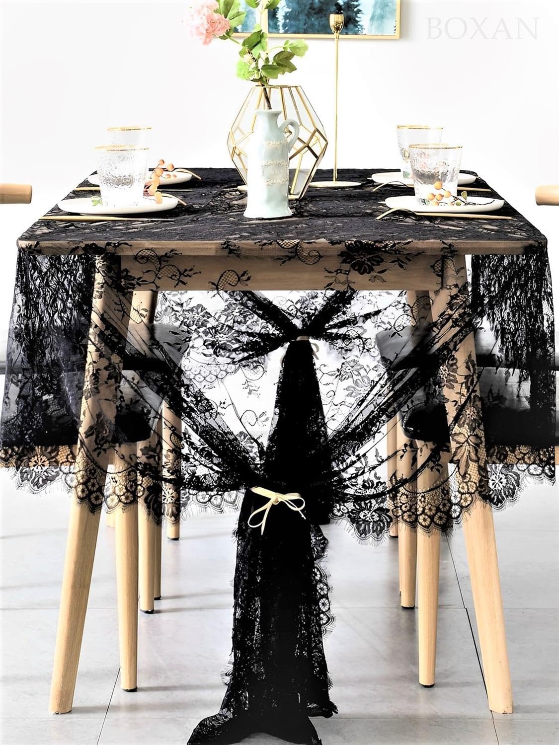 BOXAN Black Lace Tablecloth Overlay Rose Vintage Embroidered, Romantic Boho Wedding Reception Table Decor, Baby & Bridal Shower Décor, Elegant Chic Outdoor Tea Party Tablecover -120" x 60" Rectangular