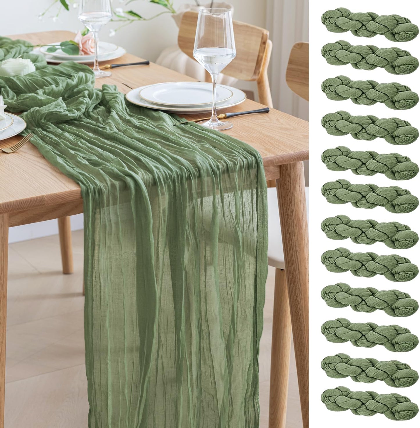Asee'm 12pcs Cheesecloth Table Runner 120 Inches Sage Green Boho Gauze Cheese Cloth Runner 10FT Rustic Sheer Table Runners for Summer Wedding Baby Shower Holiday Party Decoration