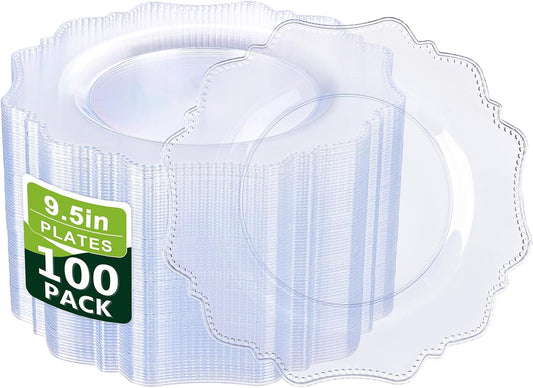 COLOSUS 100pcs 9.5 Inch Clear Plastic Plates,Heavy Duty Disposable Dinner Plates,Fancy clear Plates,Premium Plastic Dinner Plates for Party,Wedding and Everyday Use