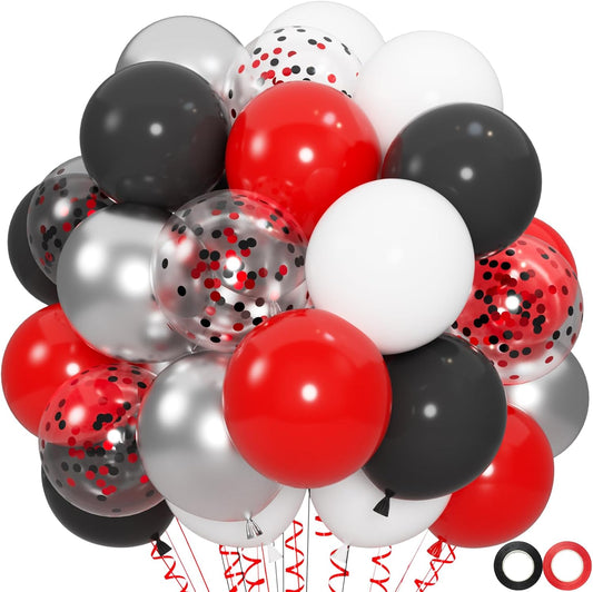 100pcs Red Black White Balloons Kit - 12 Inch Metallic Silver Confetti Latex Balloons for Christmas, Spider-Man Birthday, Masquerade Ball, Graduation, Halloween (66ft Ribbons)