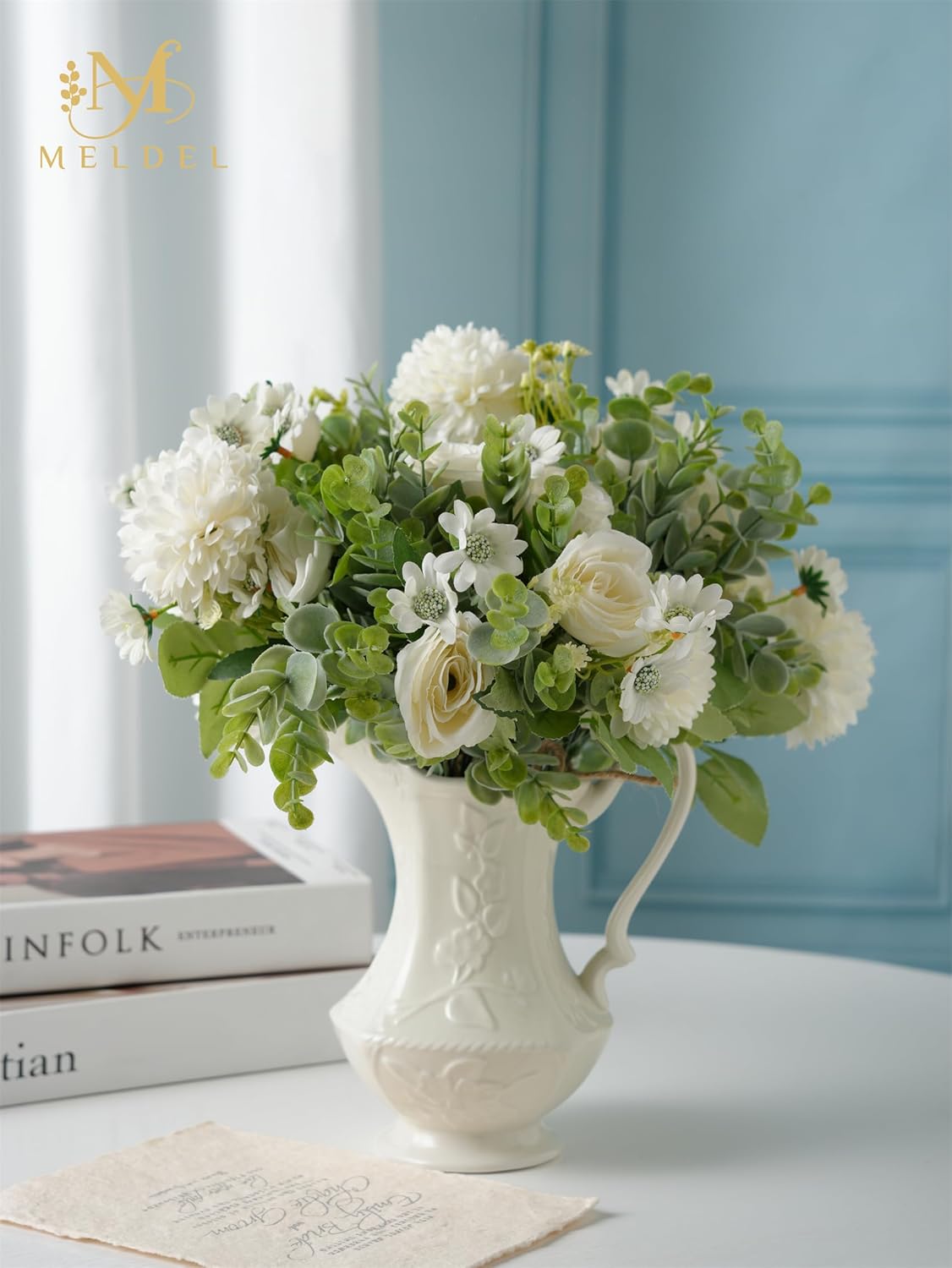 Meldel 3 Pcs Bouquet Rose Artificial Fake Flowers Eucalyptus Plants Faux Silk Flower Arrangements Wedding Bouquets Decorations Floral Table Centerpieces for Home Kitchen Garden Party Decor (White)