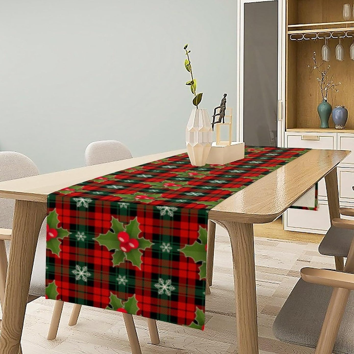 Christmas Table Runner, Red Check Plaid Winter Xmas Holiday Table Cloth Kitchen Dining Table Decoration for Home Party Decor 13x120 Inch