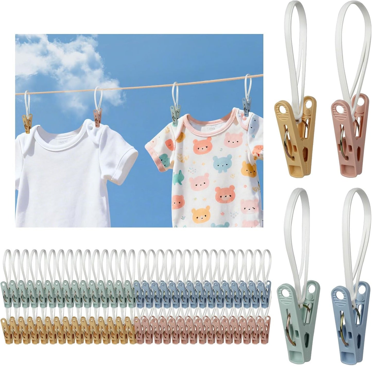 60 Pack Clothes Pins with Plastic Rope,Multi-Purpose Clips for Hanging,Windproof Plastic Clothespins for Hanging Baby Clothes,Socks,Hats, Pants,Bras,Underwears,Towels,Photos,Blue,Green, Yellow,Orange
