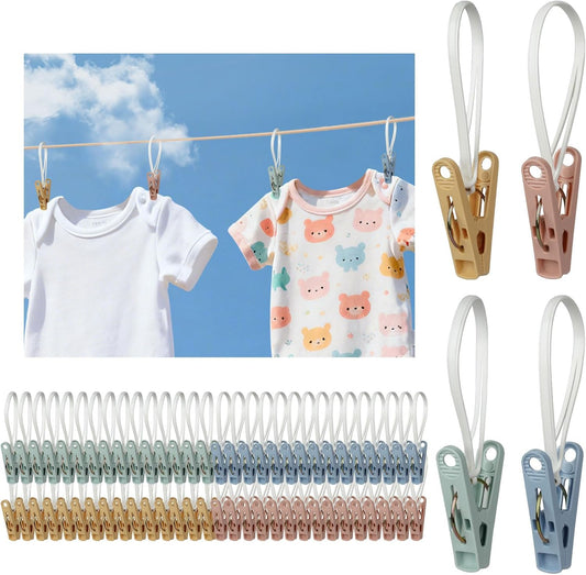 60 Pack Clothes Pins with Plastic Rope,Multi-Purpose Clips for Hanging,Windproof Plastic Clothespins for Hanging Baby Clothes,Socks,Hats, Pants,Bras,Underwears,Towels,Photos,Blue,Green, Yellow,Orange