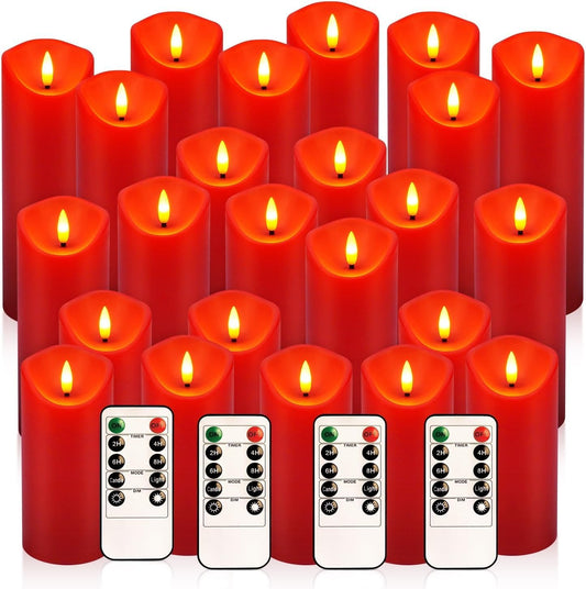 24 Pack Christmas Decoration Flickering Flameless Candles,LED Candles Battery Operated Pillar Candles with Remote Control.for New Year, Home Decor, Parties,Wedding(D2.2 xH 5" 6" 7" Red)