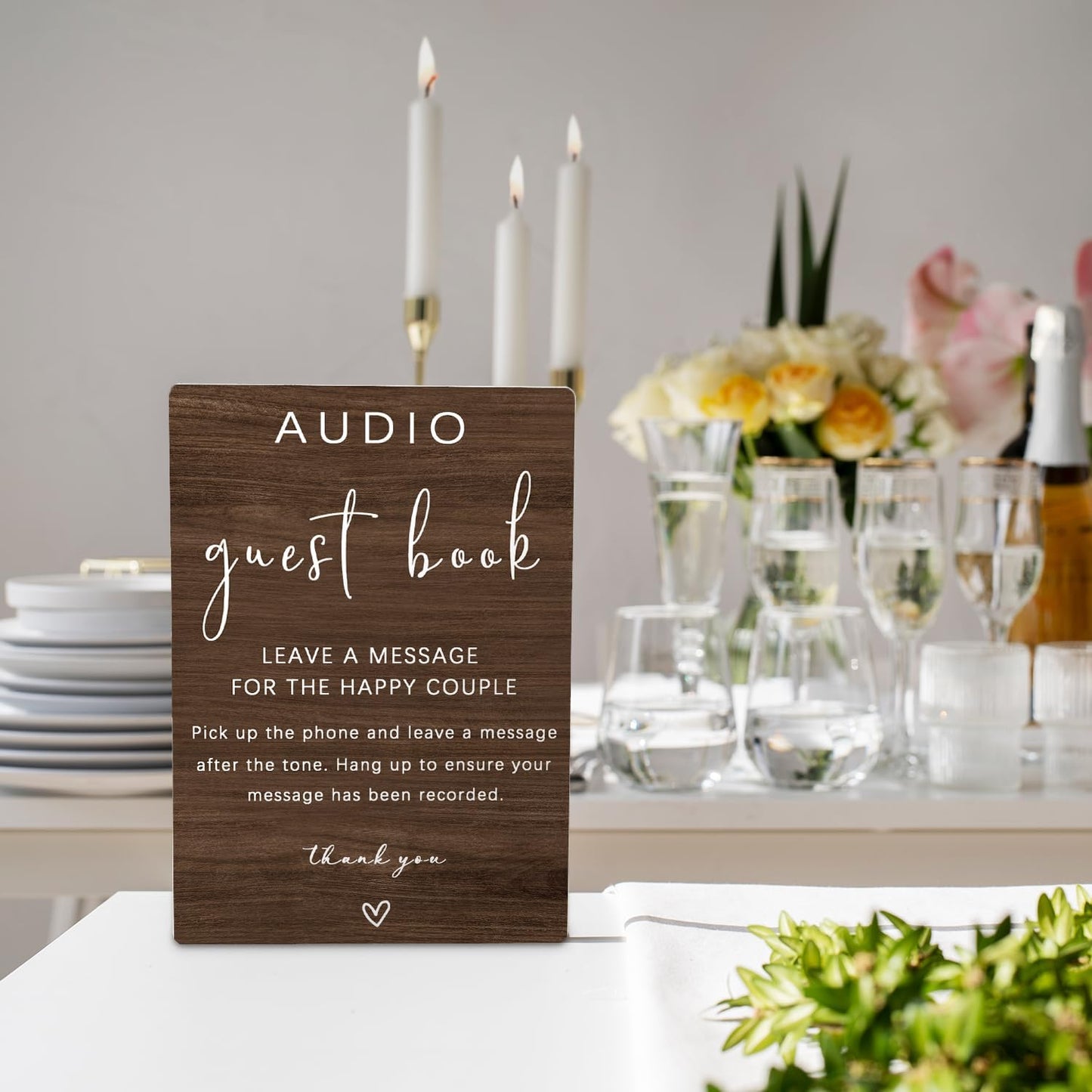Audio Guestbook Sign, Audio Phone Guestbook Wooden Stand 5x7inch, Wedding Telephone Phone Audio Message Guest Book Sign, Wedding Table Decoration (Brown)