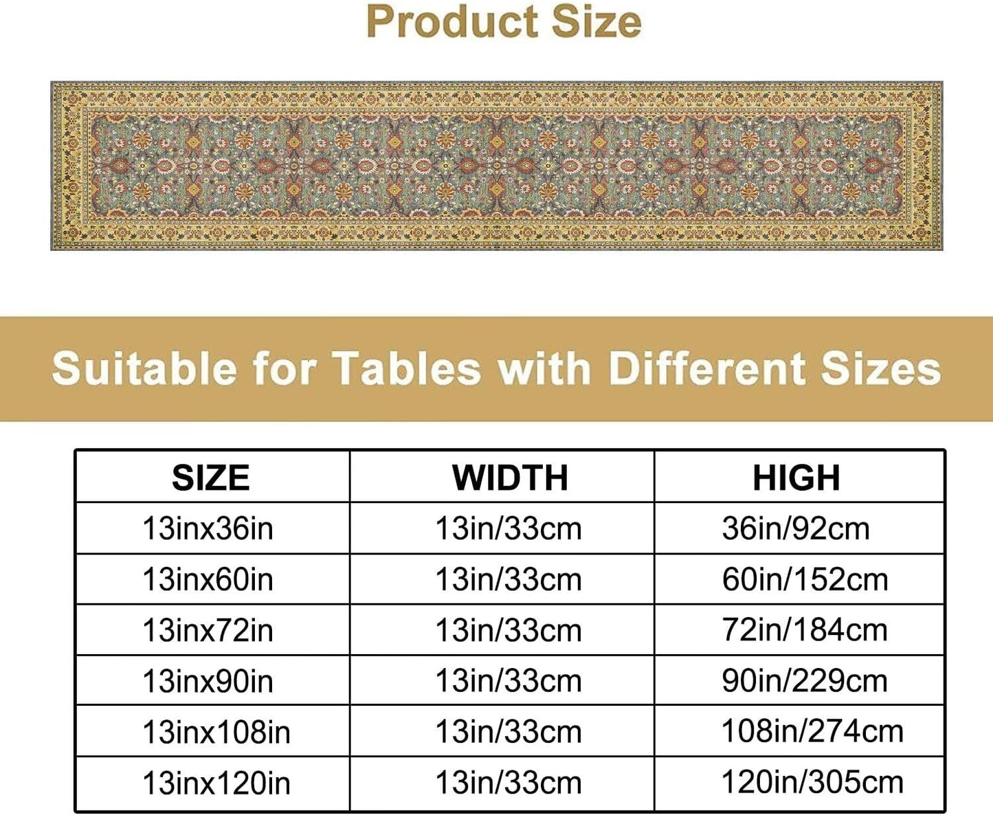 Boho Floral Vintage Beige Blue Table Runner, Retro Flower Rustic Country Farmhouse Abstract Pattern for Home Kitchen Table Decor Dining Coffee Room Party Decor 13x120in