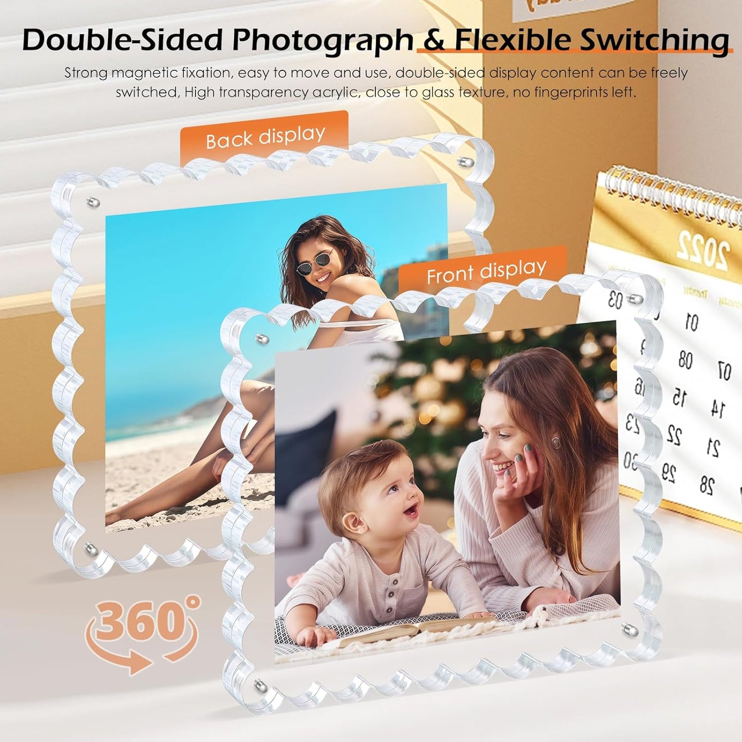 3Pack Scalloped Acrylic Photo Frame 8×10 Inch, 15+15mm Thick Block Clear Glass Photo Frame with Thick Block | Acrylic Picture Frames Modern Gift Set (3Pack, 8X10)