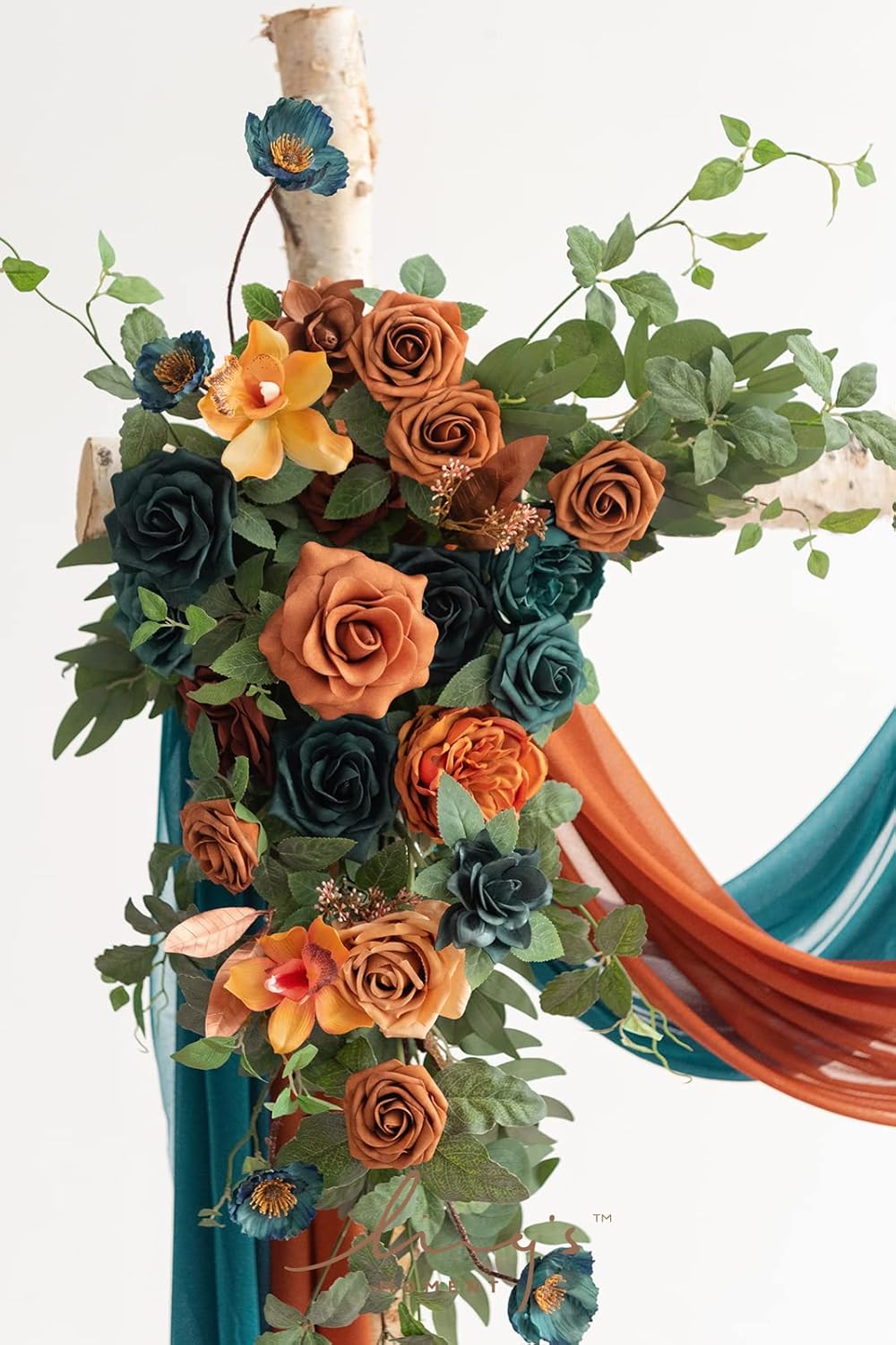 Ling's Moment Teal Orange Artificial Wedding Arch Flowers Kit Pack of 4, 2pcs Hanging Flower Arrangement 2pcs Chiffon Drapes Ceremony Reception Fake Rose Arbor Backdrop Floral Party Outdoor Decoration
