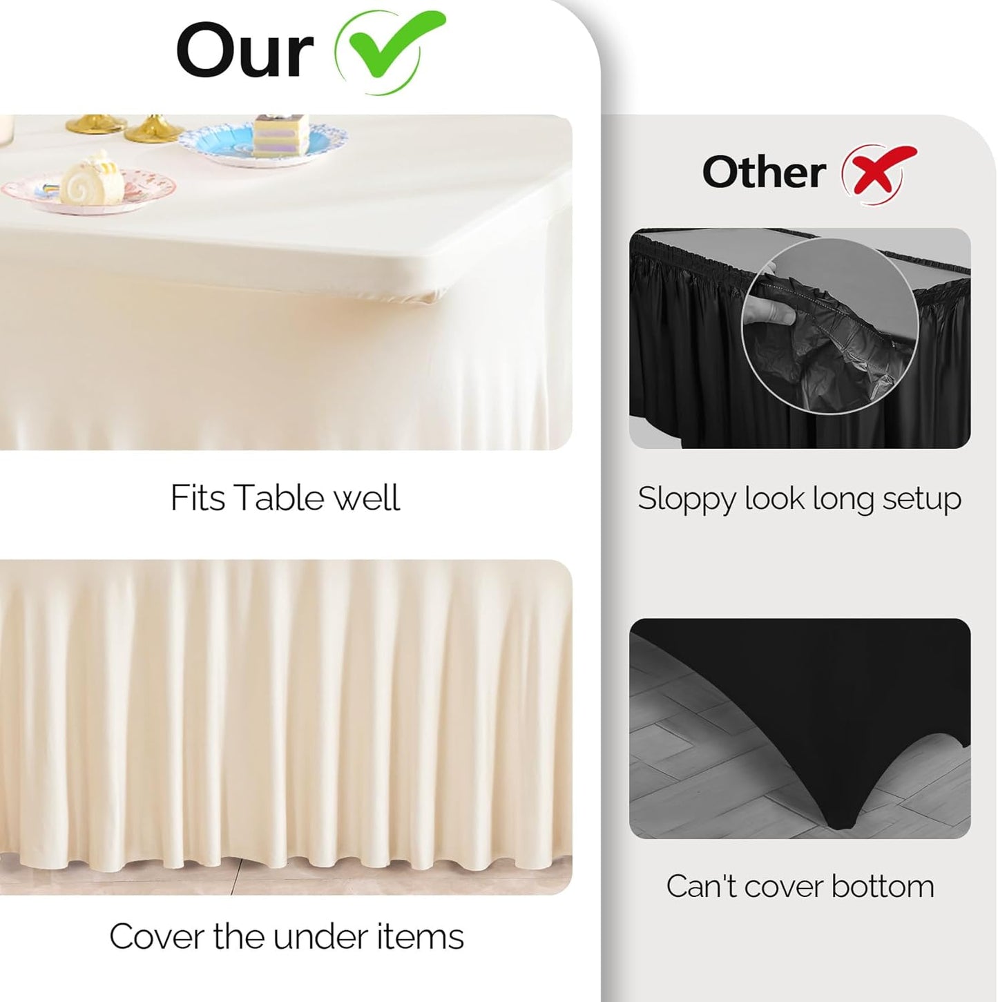 Wish Care 6 Pack Ivory Spandex Table Clothes for 8 Foot Rectangle Tables, 8FT Wrinkle Free Fitted Tablecloths Ruffles Design Table Cover for Party, Banquet, Wedding and Events