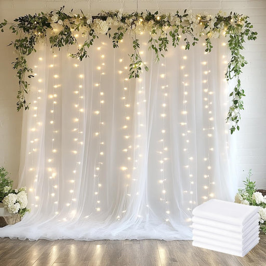 Tulle Backdrop Curtain with Lights String 30 X 8FT White Sheer Tulle Backdrop Curtains for Wedding Birthday Party Reception Photo Booth Background Decorations (6 Panels 5x8FT)