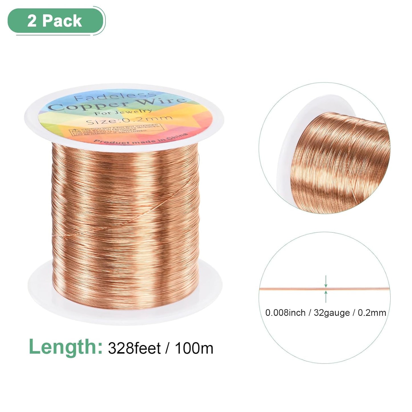 2-Rolls 0.2mm Jewelry Wire, 32 Gauge 328FT Craft Wire Copper Beading Wire for Jewelry Making/Planting/Weaving/DIY Crafting, Soft Metal Wires [100M, Copper Tone]