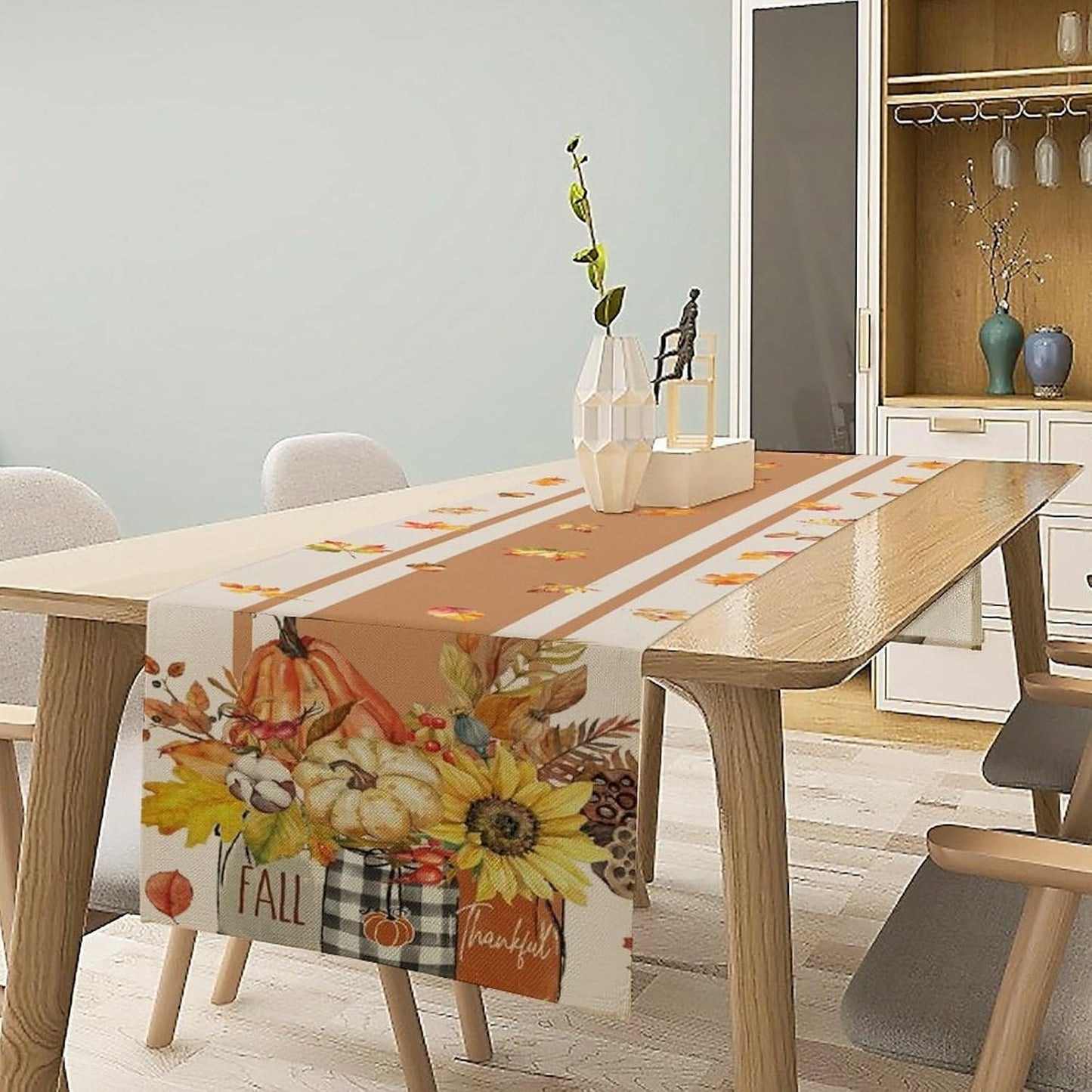 Autumn Table Runner,Thanksgiving Fall Pumpkin Leaves Floral Table Cloth for Kitchen Dining Table Decoration Home Party Decor 13x70 Inch