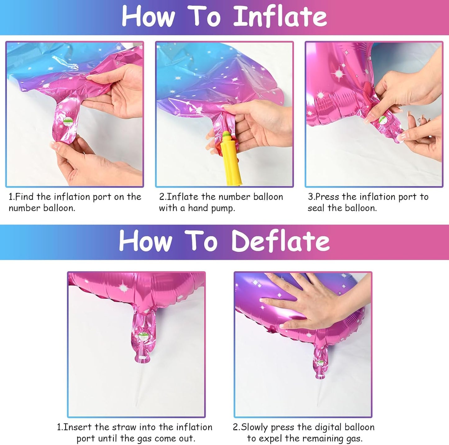 Gradient Blue Pink 2 Balloons, 40 Inch Giant Helium Foil Number 0-9 Rainbow 2th Birthday Balloon for Girls, Self Inflating Starry Digit 2 Balloons for Women Anniversary Party Decorations Supplies