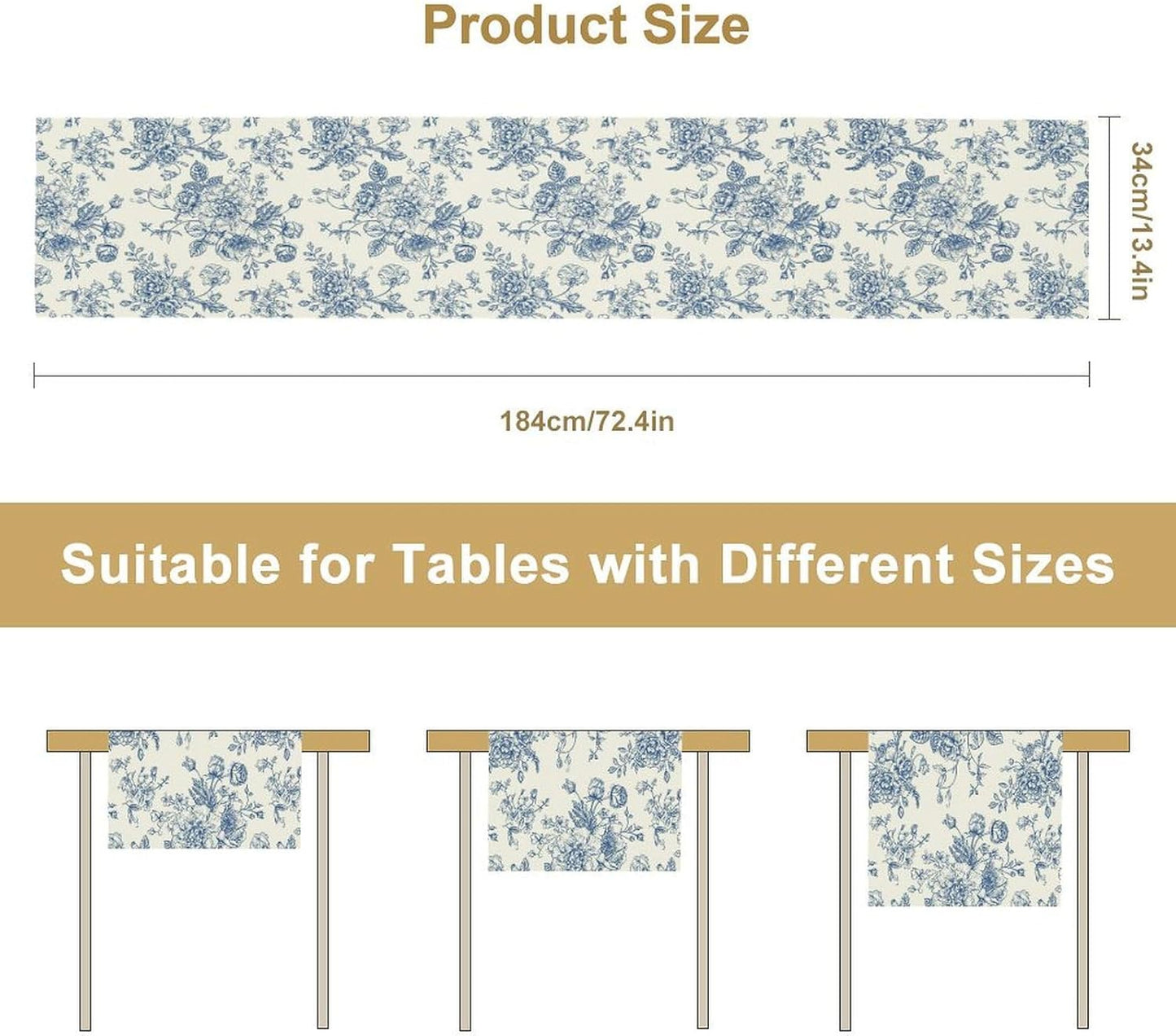 Floral Table Runner, Retro Blue Flower Chinoiserie Sketch Pattern Print Table Runner for Kitchen Dinning Table Runner Decor Home Wedding Party Holiday, 13x108 Inch