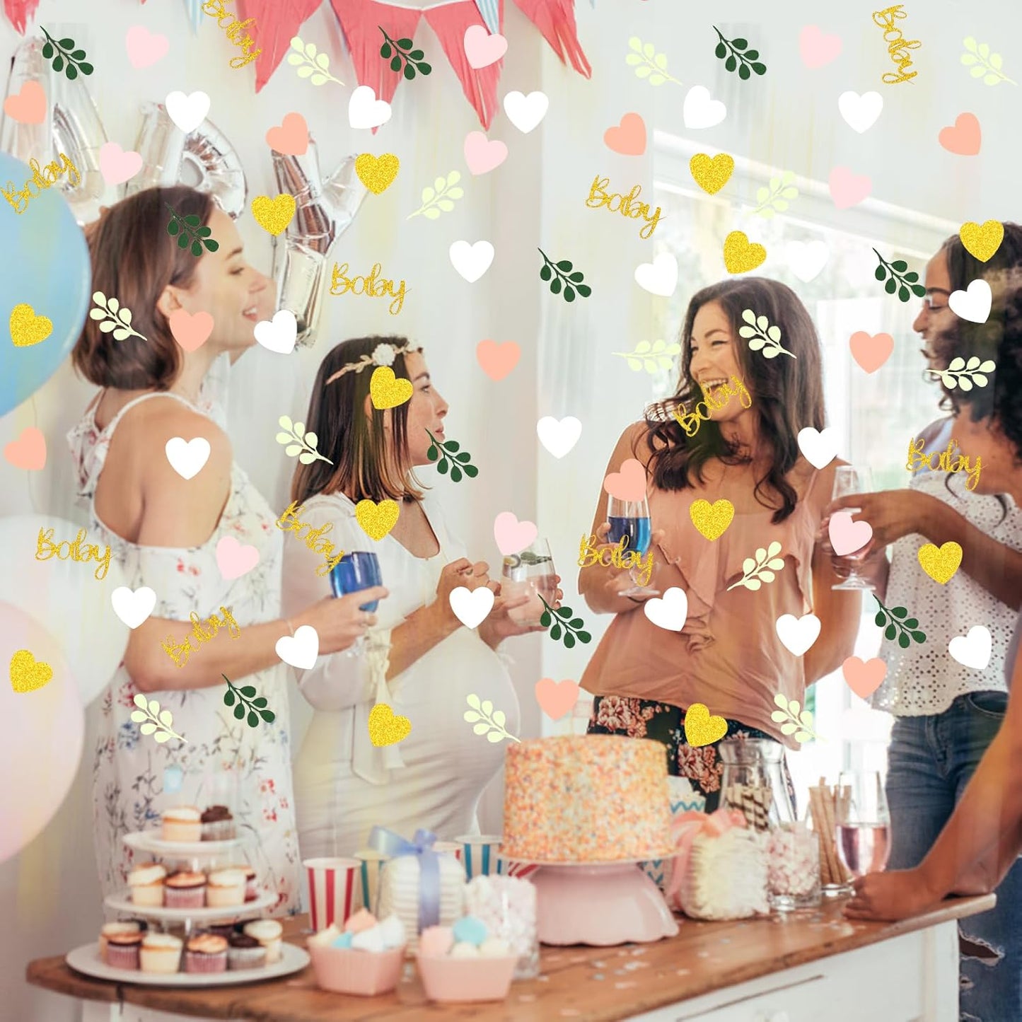 200PC Greenery Baby Shower Confetti Pink and Sage Green Baby Shower Decorations for Girl Eucalyptus Hearts Table Scatters for Its a Girl Party Decor Supplies