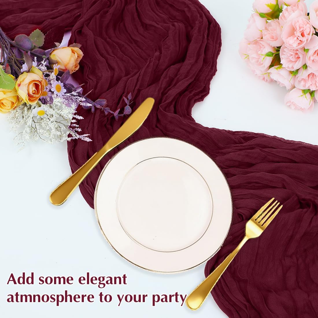 Wine red Cheesecloth Table Runner -21*120Inch Long Boho Wedding Table Decor, Rustic Gauze Fabric Runner for Bridal Showers, Baby Showers & Parties (Sheer, Lightweight, Wrinkled Design)