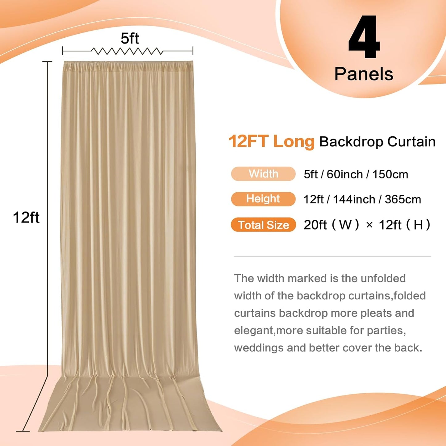 20×12 ft Wrinkle Free Beige Backdrop Curtain for Weddings Parties, 4 Panels 12ft Silky Polyester Wedding Drapes Backdrop Photo Back Drop Cloth for Birthday Baby Shower Photography Backgrounds