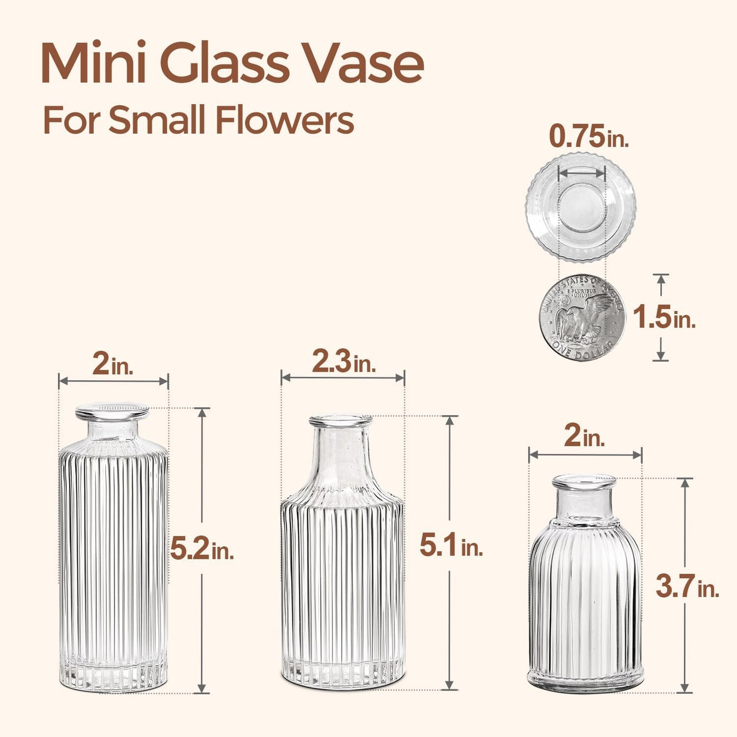 ComSaf Glass Bud Vases Set of 3, Small Flower Vases in Bulk, Mini Ribbed Vases for Centerpieces, Clear Vintage Vase for Table Decorations, Wedding, Party, Receptions, Home Decor (Different Sizes)