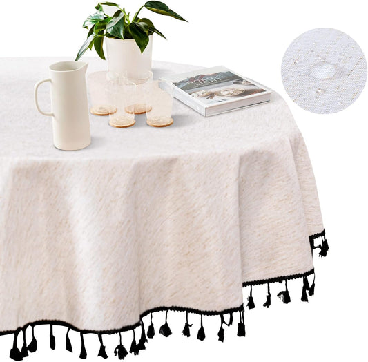 MYSKY HOME 60 Inch Round Cotton Tablecloth, Heavy Duty, Waterproof, Wrinkle Resistant, Black Tassels, Modern Elegant Design, Kitchen, Dining, Parties, Events
