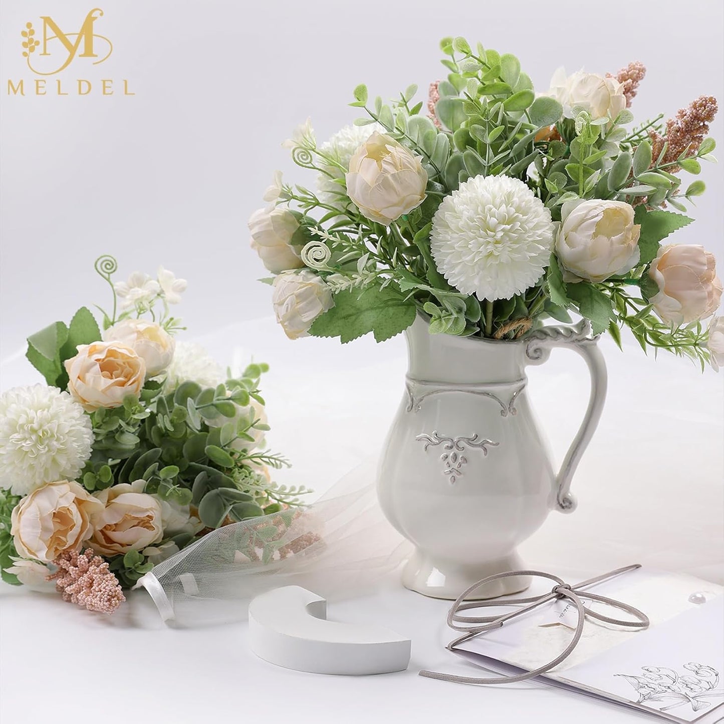 Meldel 3Pcs Rose Bouquet Light Champagne Artificial Flowers Peony Eucalyptus Plants Silk Flower Arrangements Wedding Bouquets Decorations Plastic Floral Centerpieces for Home Kitchen Party Decor