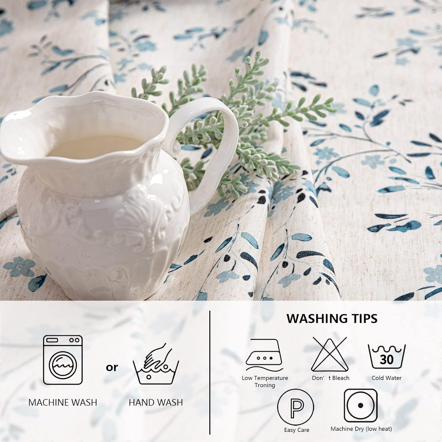 Mysky Home Rectangle Table Cloth 60x102 Inch - Spring Summer Floral Tablecloth, Waterproof Linen Fabric Oblong Table Cloth for Kitchen Dining Tablecloth for 4 Feet Table Blue, Small Blue Flower Design