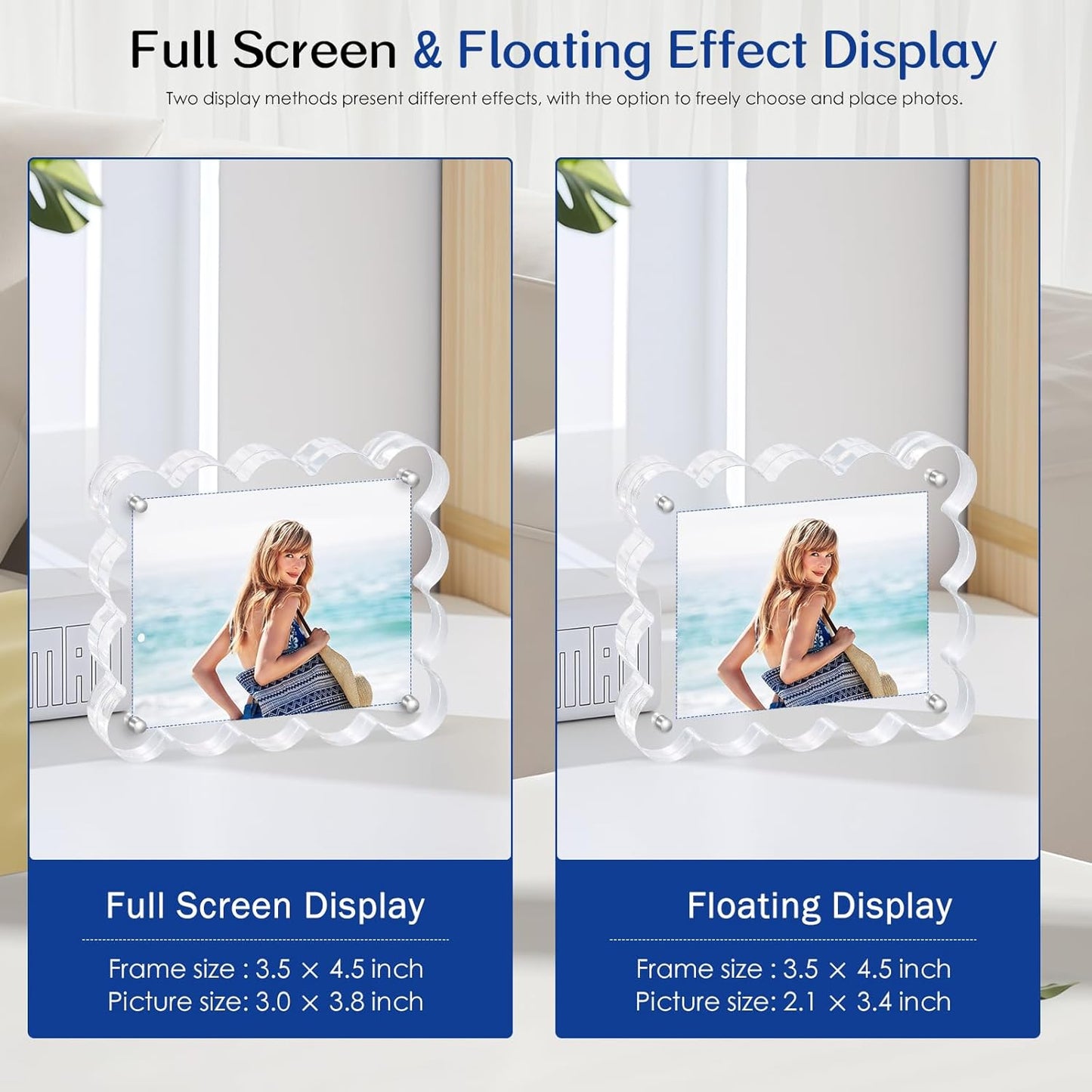 6Pack Magnetic Acrylic Picture Frames 2×3 Inch - Scalloped Glass Frame with 10+10mm Thick Block, Double Sided Clear Frames for Desktop Display | Trendy Home Gift