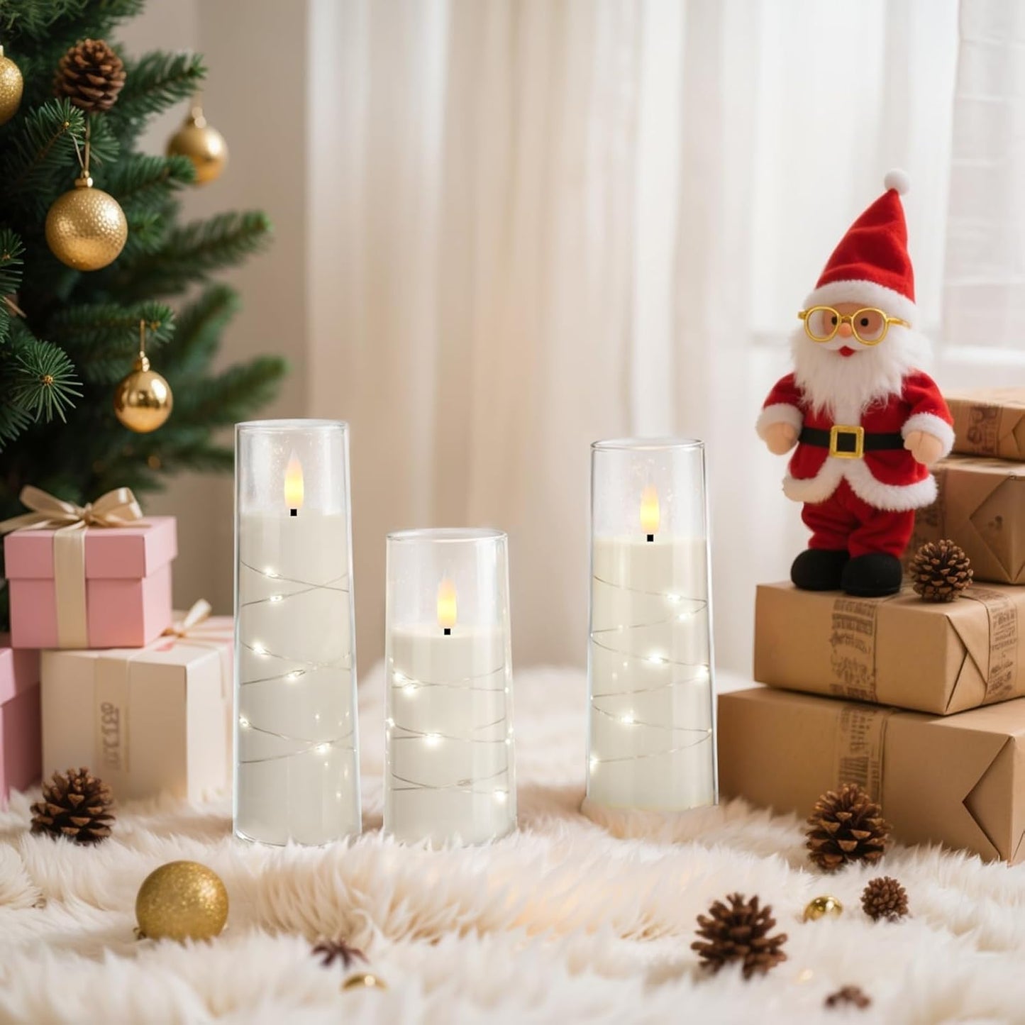 Raycare Flameless Candle with Remote Timer, 7 Flickering Acrylic Battery Operated LED Pillar Candles with Embedded Star String for Halloween, Home Decor, and as a Gift(White)