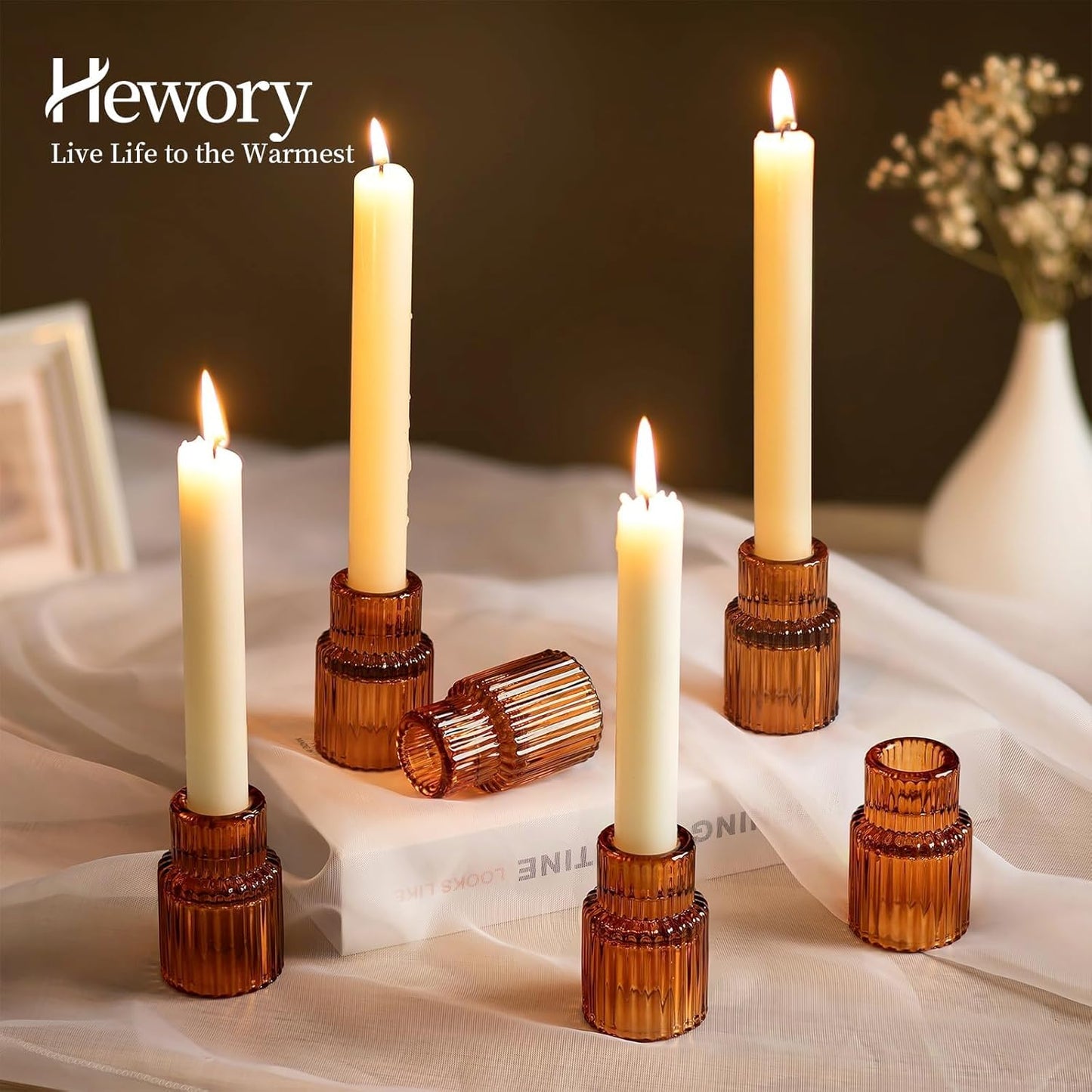 Hewory Glass Taper Candle Holders: 2PCS Amber Elegant Candle Holder Candlestick Holders Bulk, Ribbed Glass Candle Holder Candle Sticks Holder Decor for Table Centerpiece Fall Thanksgiving Home Decor
