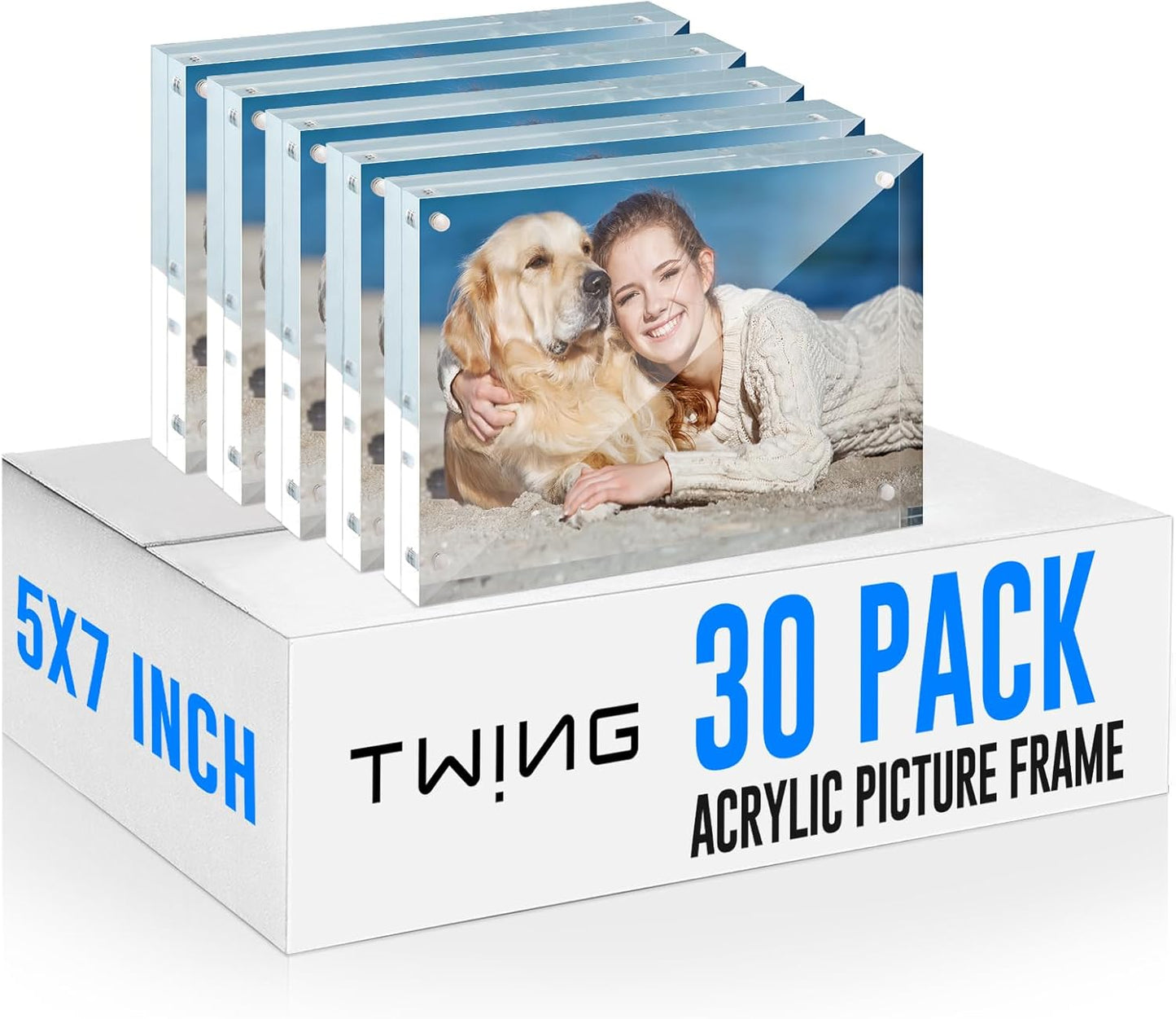 TWING 30 Pack 5x7 Acrylic Picture Frames Bulk, 10+10MM 5 By 7 Magnetic Photo Frame Horizontal Magnet Double Sided Acrylic Frames Set, 7 x 5 Clear Magnetic Block Picture Frame Desktop Display, Gift