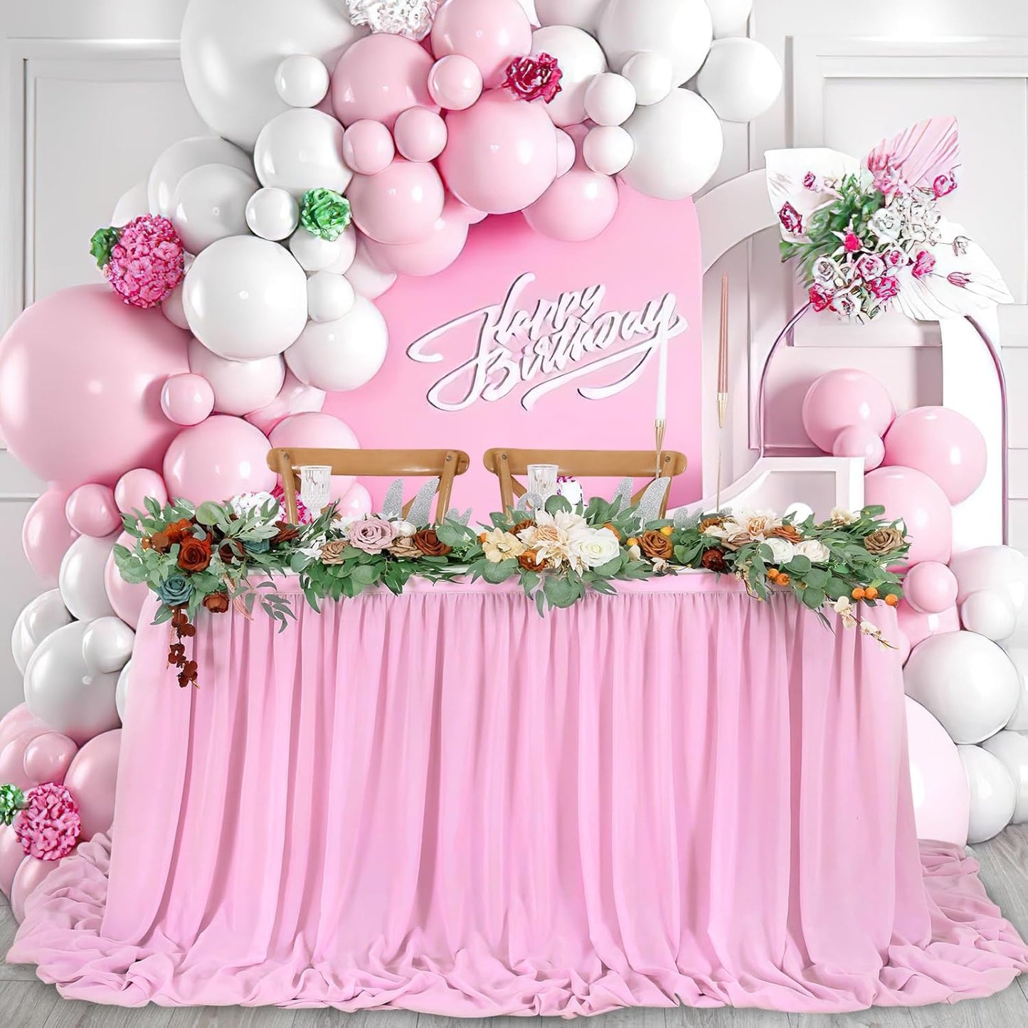 QueenDream Pink Chiffon Table Skirt 6ft Pink Table Cloth for Rectangle Tables Birthday Princess Girl Baby Shower Party