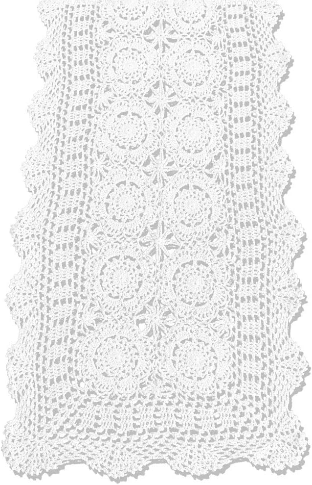 KEPSWET Cotton Handmade Crochet Lace Table Runner White Rectangle Coffee Table Dresser Decor (14x60 inch)