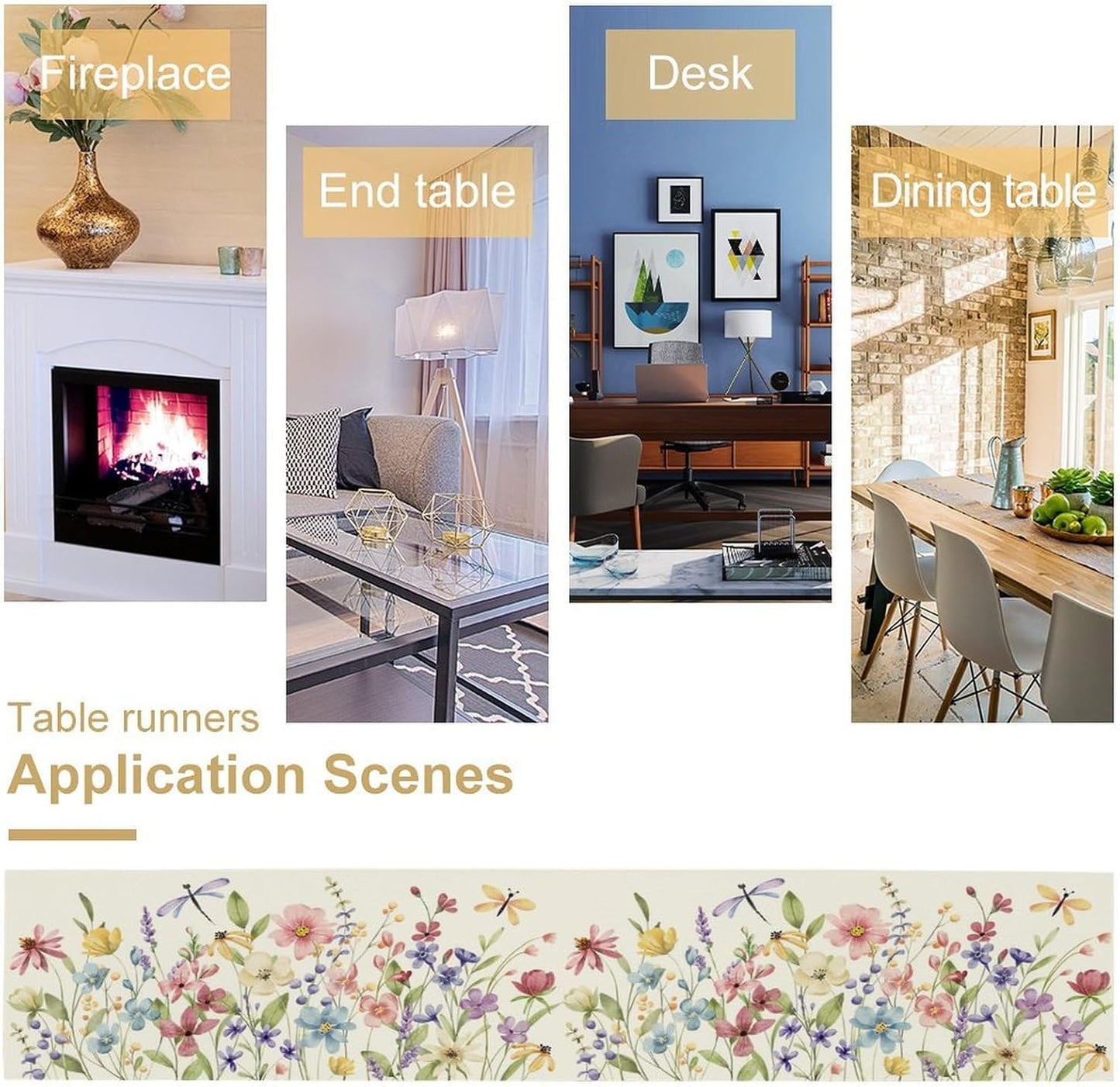 Watercolor Floral Table Runner, Colorful Spring Summer Nature Flower Dragonfly Pattern Print Table Runner for Kitchen Dinning Table Runner Decor Home Wedding Party Holiday, 13x120 Inch