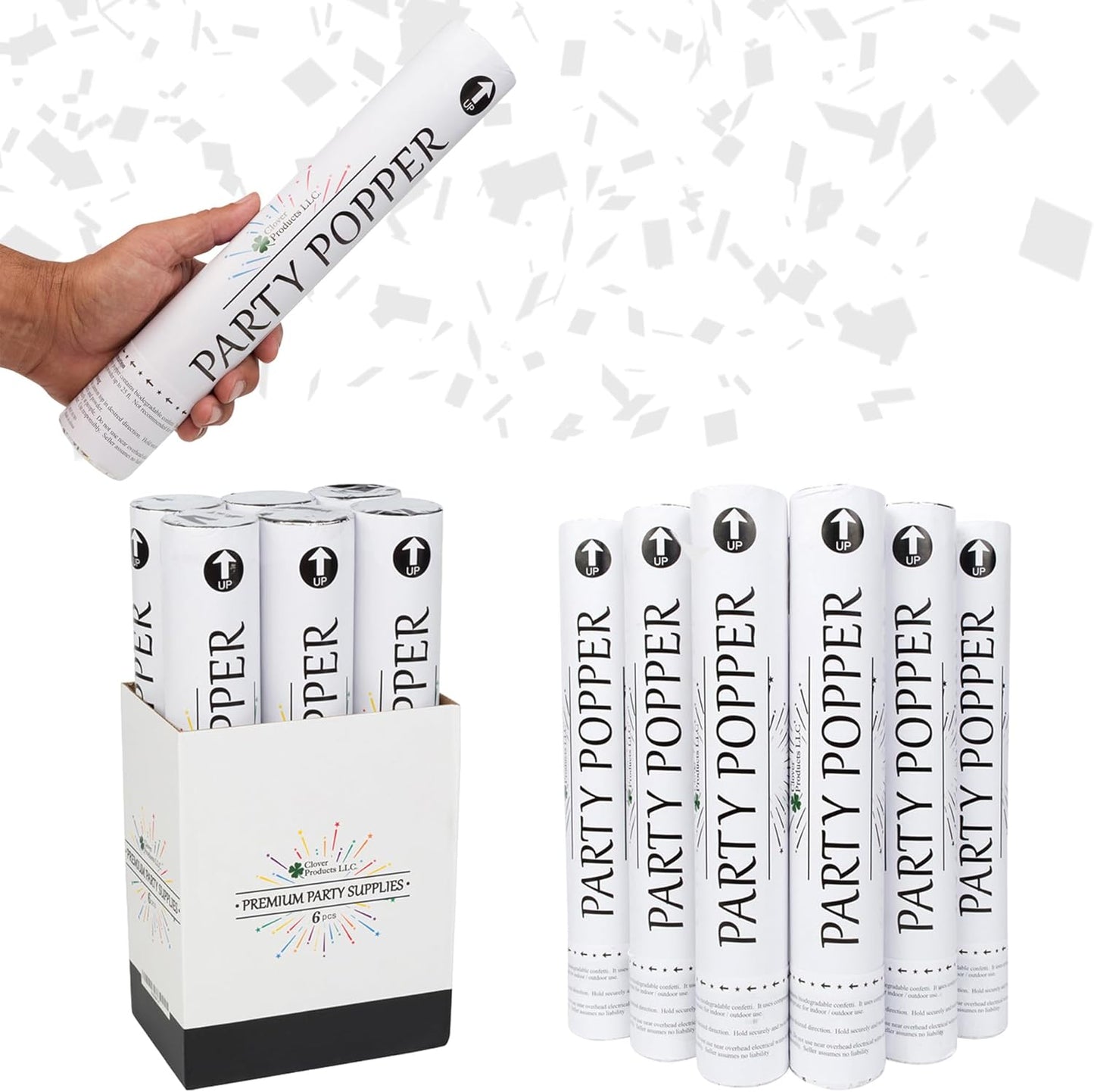 Clover Products 12" Biodegradable Confetti Cannons | 6 Pack | White Poppers for Weddings, Birthdays & Events | Air-Powered, Safe & Easy to Use | Shoots 25 Feet for Indoor & Outdoor Celebrations