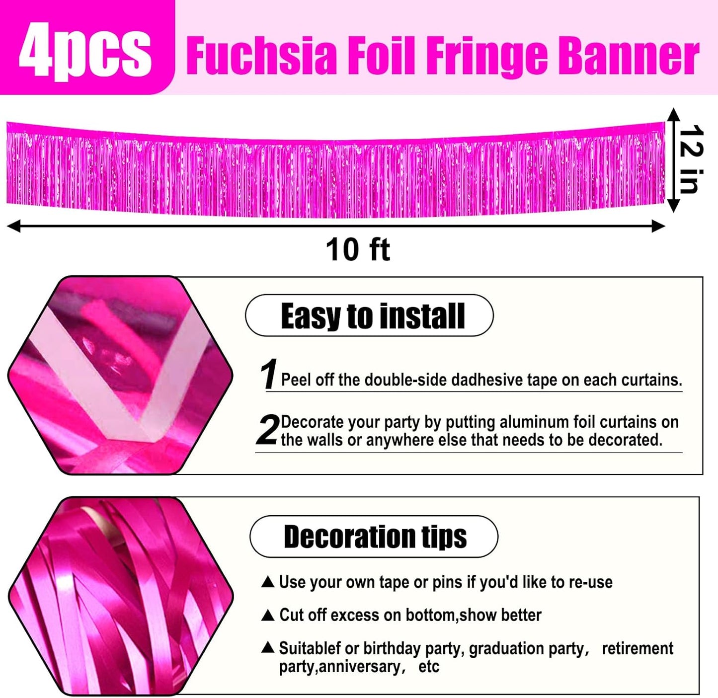 4 Pack 10 Feet Rose Red Foil Fringe Garland Metallic Tinsel Streamers Banner Wall Hanging Curtain Backdrop for Parade Floats, Wedding, Graduate, Mother's Day, Birthday Party Decoration