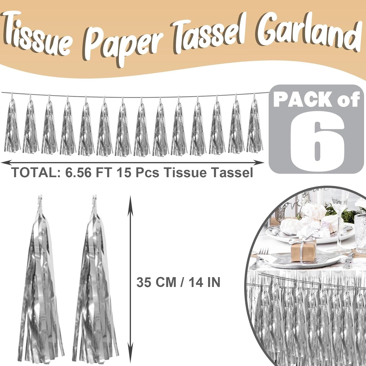 6P Silver Foil Fringe Metallic Tassel Streamers Banner Tassel Garland for Parade Floats, Bachelorette, Wedding, Birthday, Graduation, Christmas, Bridal/Baby Shower Party Decorations