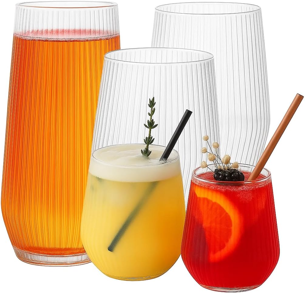 48 Pack Ribbed Origami Ripple Plastic Glasses, 24 9 Ounce Stemless Champagne Flutes & 24 12 Ounce Cups, BPA-Free Disposable Shatterproof Toasting Glasses for Weddings, Bars, and Events (Clear)