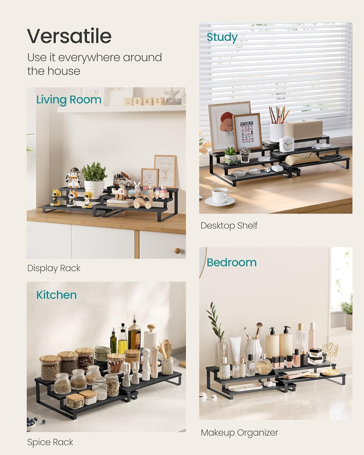 SONGMICS Display Risers, Set of 2 Engineered Wood Perfume Organizer Stand, 3-Tier Cupcake Stand Holder, Spice Rack, Shelf Risers for Figures, Dessert Shelves, Ebony Black and Ink Black UKCS116B01