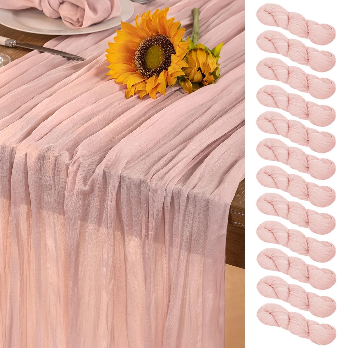 Pink Cheesecloth Table Runner 12 Pack Fall Table Runners Boho Gauze 120 Inches Light Pink Cheese Cloth Fall Table Decorations for Thanksgiving Wedding Bridal Girl Baby Shower Sweet 16 Party