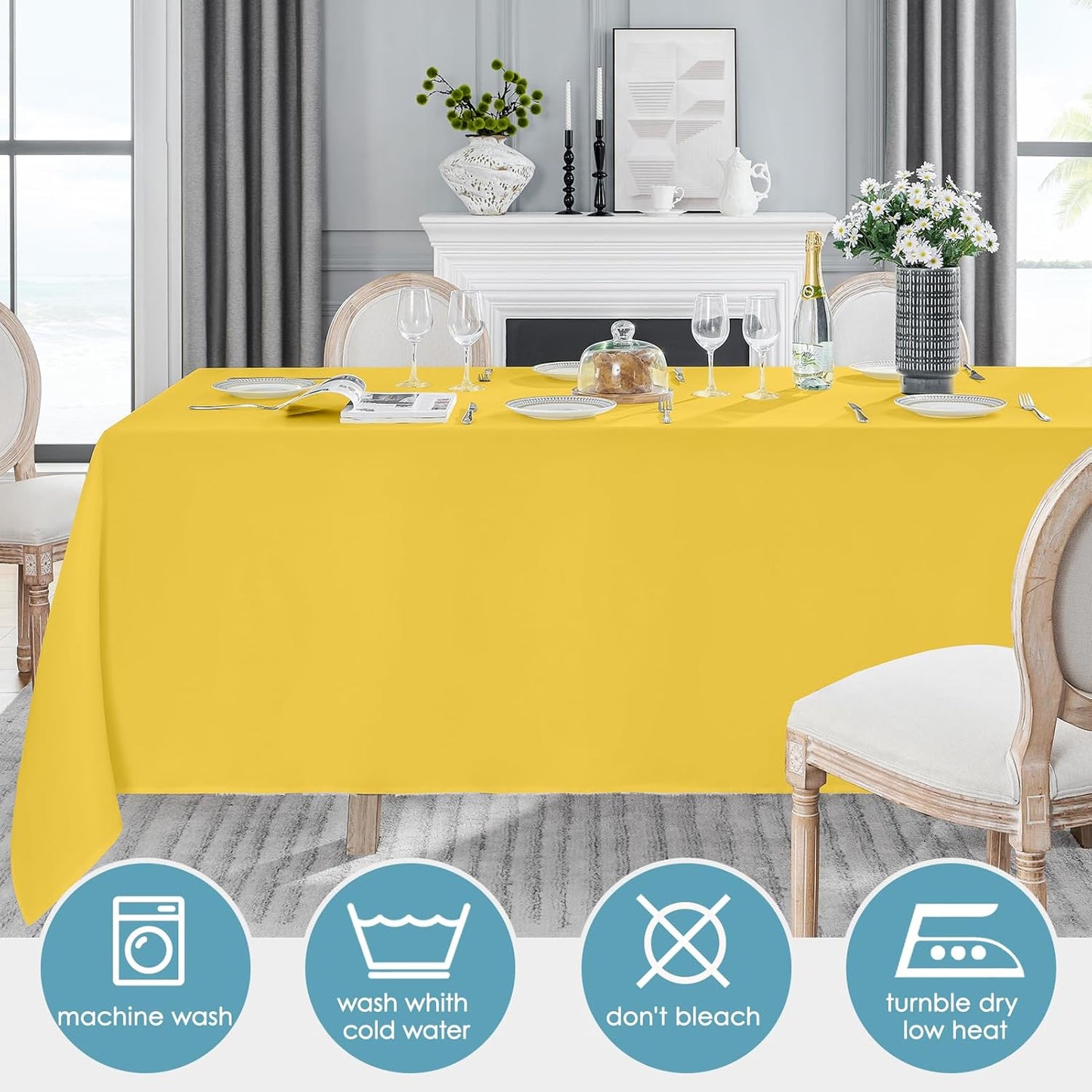 VidaFete Tablecloth 6 Pack 90 * 132inch Rectangle Table Cloth Polyester, Stain Wrinkle Resistant Polyester Dining Table Cover for Kitchen Dinning Party Wedding Rectangular Buffet Decoration(Yellow)
