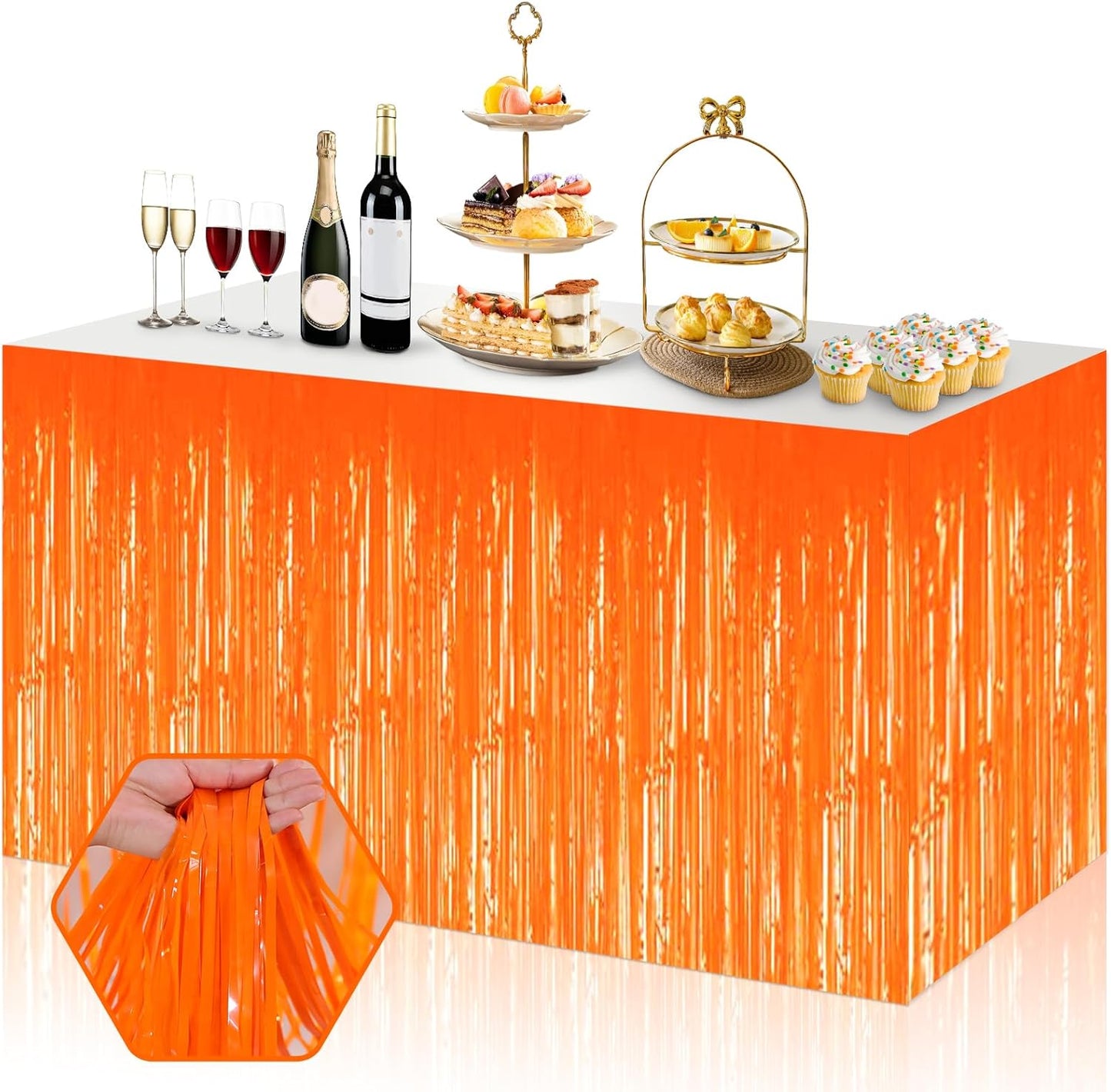 3 Pack 29x108 Inch Macaron Orange Foil Fringe Table Skirts Metallic Banner for Tinsel Streamer Garland Backdrop for Parade Floats Wedding Thanksgiving Birthday Christmas Halloween Party Decoration