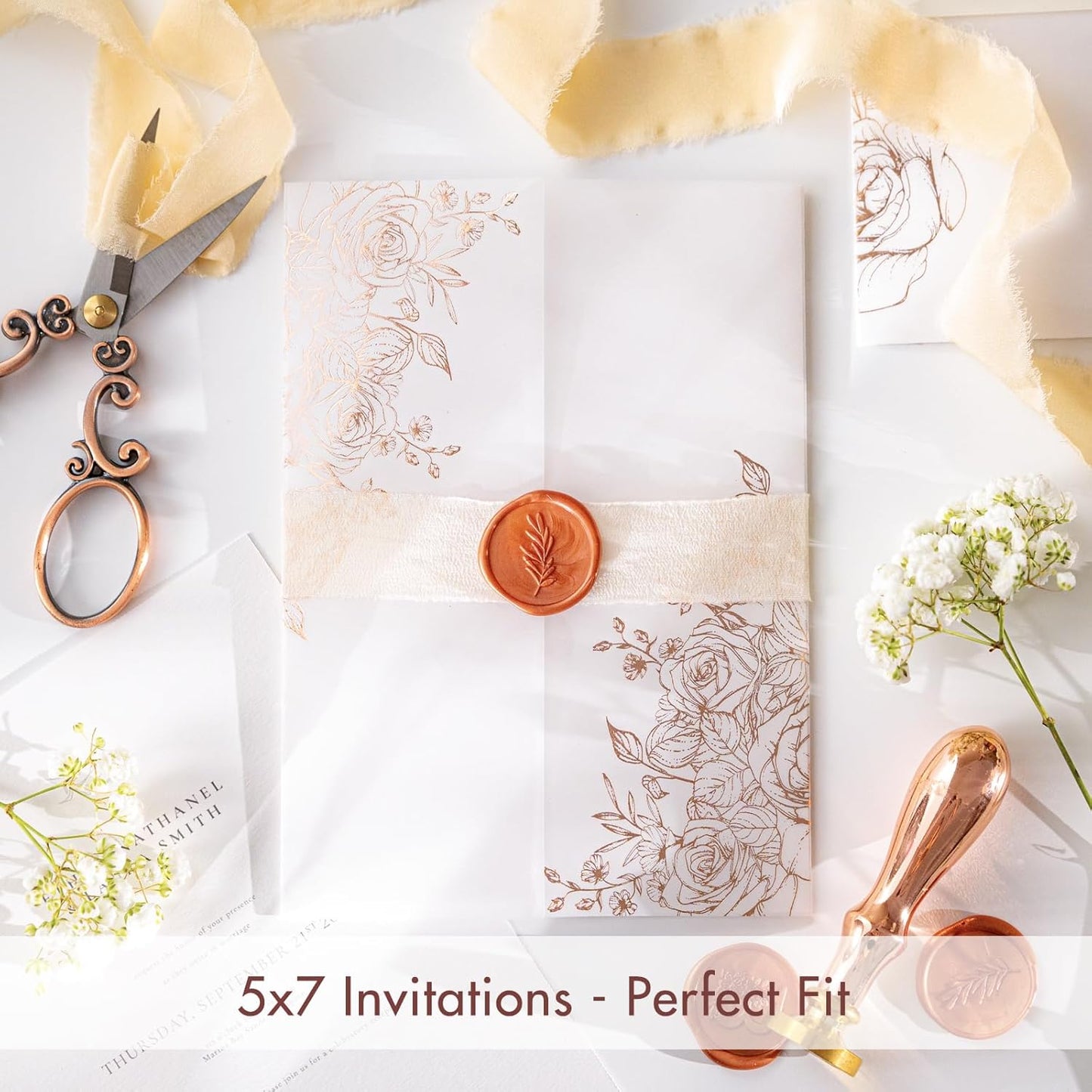 50 Pack Pre-Folded Vellum Jackets For 5x7 Invitations,AZAZA Gorgeous Translucent Invitation Sleeves,115GSM Vellum Jackets 5x7, Wedding Invitation Accessories, For Weddings Birthdays,Rose Golden Roses