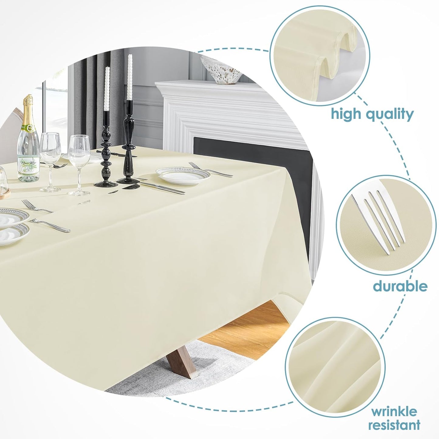 VidaFete Tablecloth 90 * 132inch Rectangle Table Cloth Polyester, Stain Wrinkle Resistant Polyester Dining Table Cover for Kitchen Dinning Party Wedding Rectangular Tabletop Buffet Decoration(Ivory)