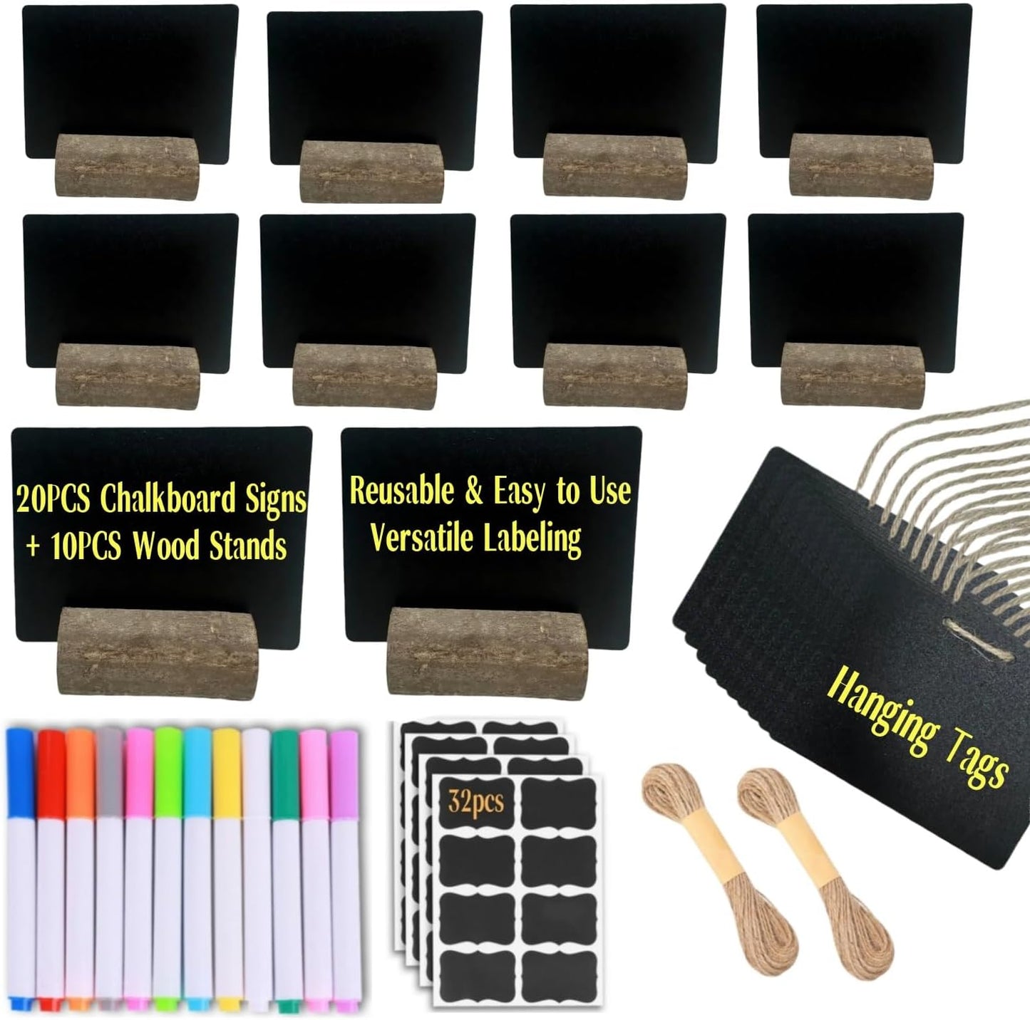 20 Pack Mini Chalkboard Signs for Food Buffet Table Reusable Catering Labels with 10 PCS Wooden Rustic Stands, Party Buffet Food Tags, Small Chalk Board Sign Holders for Wedding Birthday Bakery