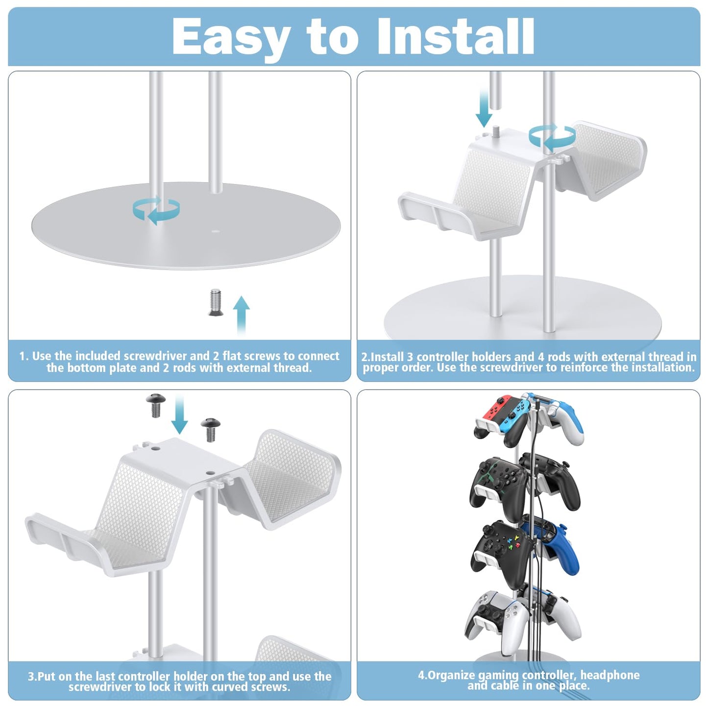 Kytok Gamer Gifts, Headset Stand 4 Tiers with Cable Organizer, Controller Stand Compatible with PS5/Xbox/Nintendo Switch/PS Portal/PS4, Headset Holder & Controller Holder